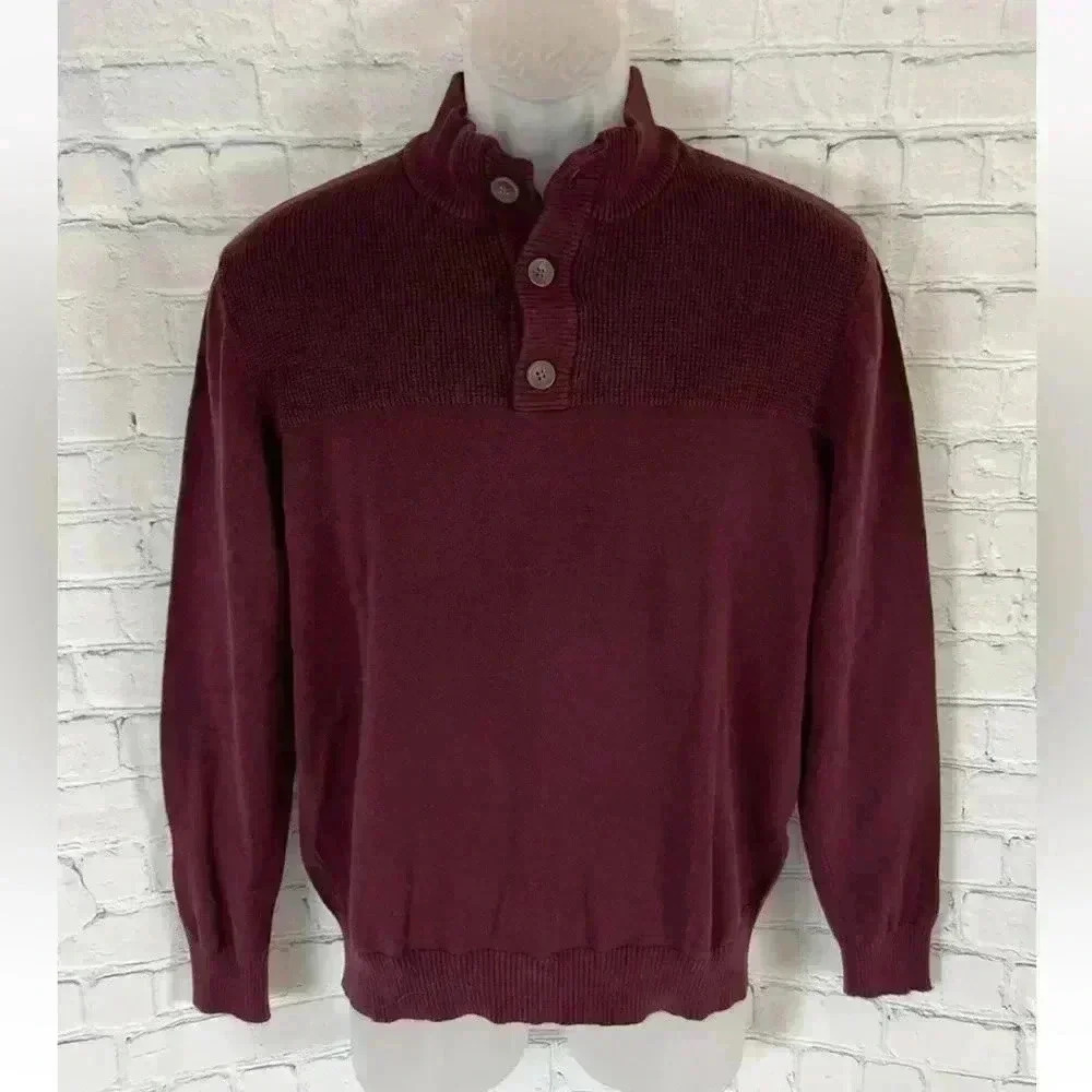Club Room Men size M Button Mock Neck Knit Sweater Maroon burgundy red‎ Pullover